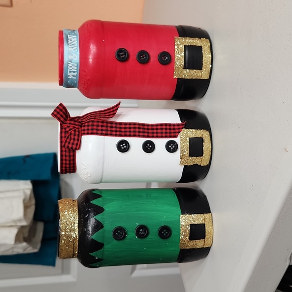 Hand Crafted/Upcycled Santa, Elf, Snowman Jar Set of 3 Holiday Decor - Picture 1 of 6